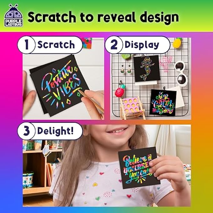 RAINBOW SCRATCH OFF MINI NOTES + 2 STYLUS PENS KIT: 150 SHEETS OF RAINBOW SCRATCH PAPER FOR KIDS ARTS AND CRAFTS, AIRPLANE OR CAR TRAVEL TOYS - CUTE UNIQUE GIFT IDEA FOR KIDS, GIRLS, WOMEN, OR ANYONE! - Image 5