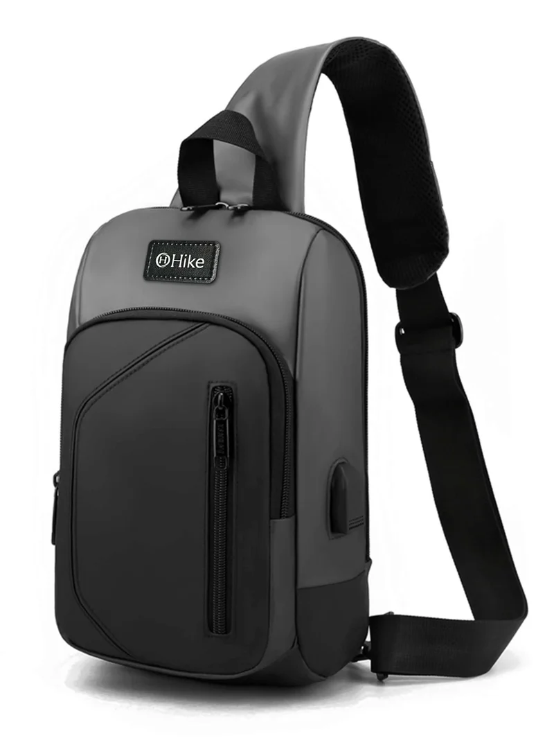 هايك Hike Crossbody Sling Bag Synthetic Water Resistant Unisex Small Shoulder Bag with Built in USB Port for Business Travel Outdoor Shopping, HK2032- LIGHTGREY