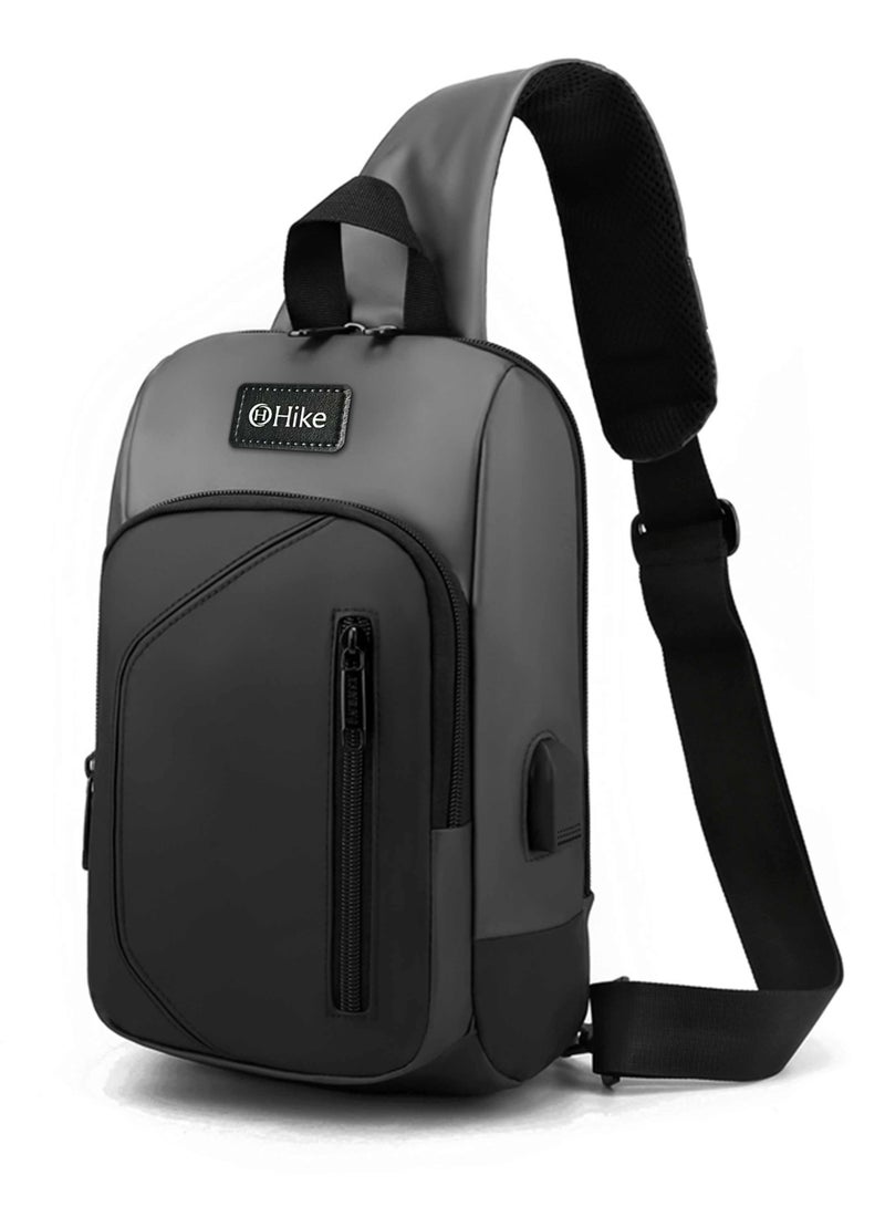 HIKE Crossbody Sling Bag Synthetic Water Resistant Unisex Small Shoulder Bag with Built in USB Port for Business Travel Outdoor Shopping, HK2032, Light Grey - Image 1
