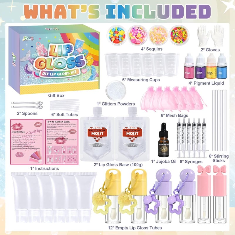 Jcoos Lip Gloss Making Kit, JCOOS Lip Gloss Making Kit, 94 Pcs Funny DIY Lip Gloss Keychains for Girls, Moisturizing Lip Gloss Kit with - Image 2