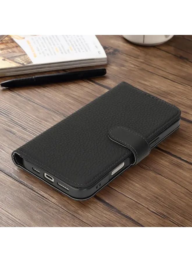 Leather Wallet Case For IPhone 16 With RFID Blocking Card Slots Magnetic Buckle Black - Image 1