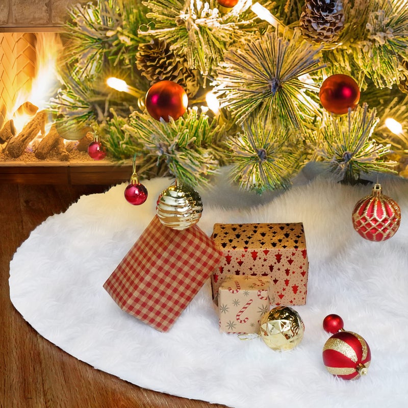 48inch White Christmas Tree Skirt  Faux Fur Plush White Tree Skirts for Home Christmas Tree Decoration Holiday Party Christmas Decorations