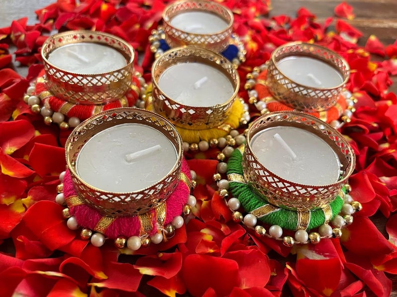 Crafted Forever Handmade TeaLight Candle HolderDecorative diyas for Dusshera Diwali Festival Home Decor Set of 6 Assorted Colours - Image 1