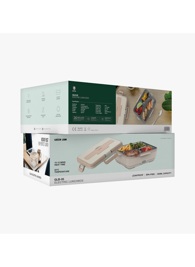 GREEN LION GLB-05 Electric Lunchbox 850ml / Removable Inner Container / Food Grade PP Material / LID With Latches / Detachable UK Plug Power Cord / Dishwasher Safe / BPA-Free / Leak Proof / Portable Handle - Beige - Image 4