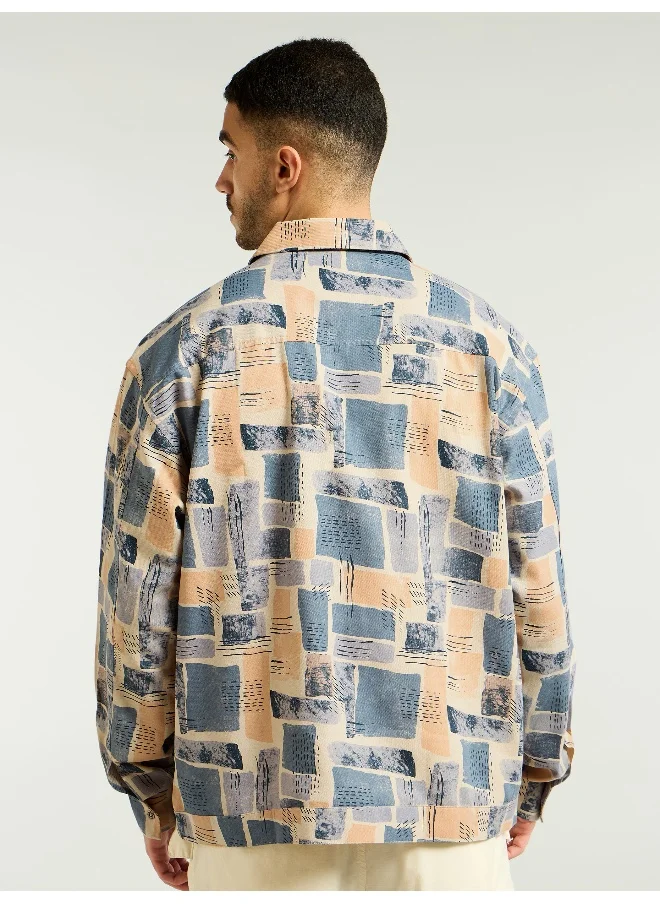 بيونغ Peach and Beige Cotton Abstract Shacket