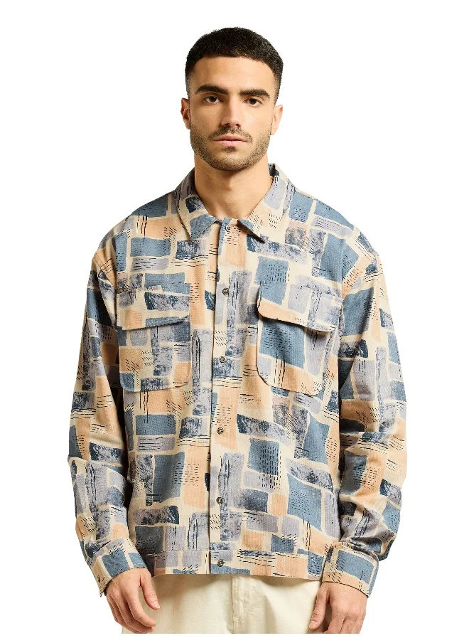 بيونغ Peach and Beige Cotton Abstract Shacket