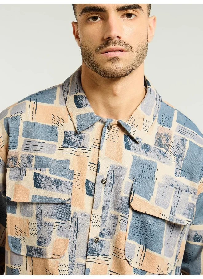 بيونغ Peach and Beige Cotton Abstract Shacket