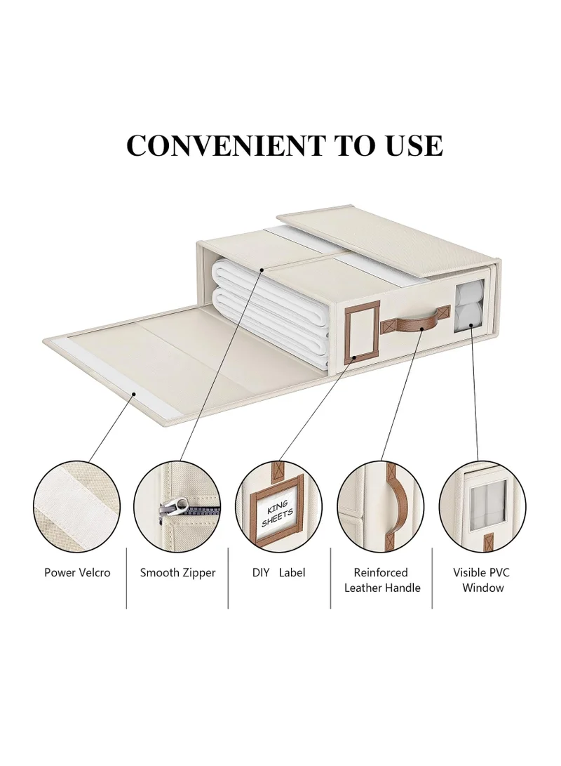 1Chase Bed Sheet Organizers And Storage - 4-Pack Foldable Linen Closet Organizer With Clear Window, Sheets Set Folder Keeper, Bedding Storage Box For Bed Sheets And Pillows, Cube Organizer (BEIGE)