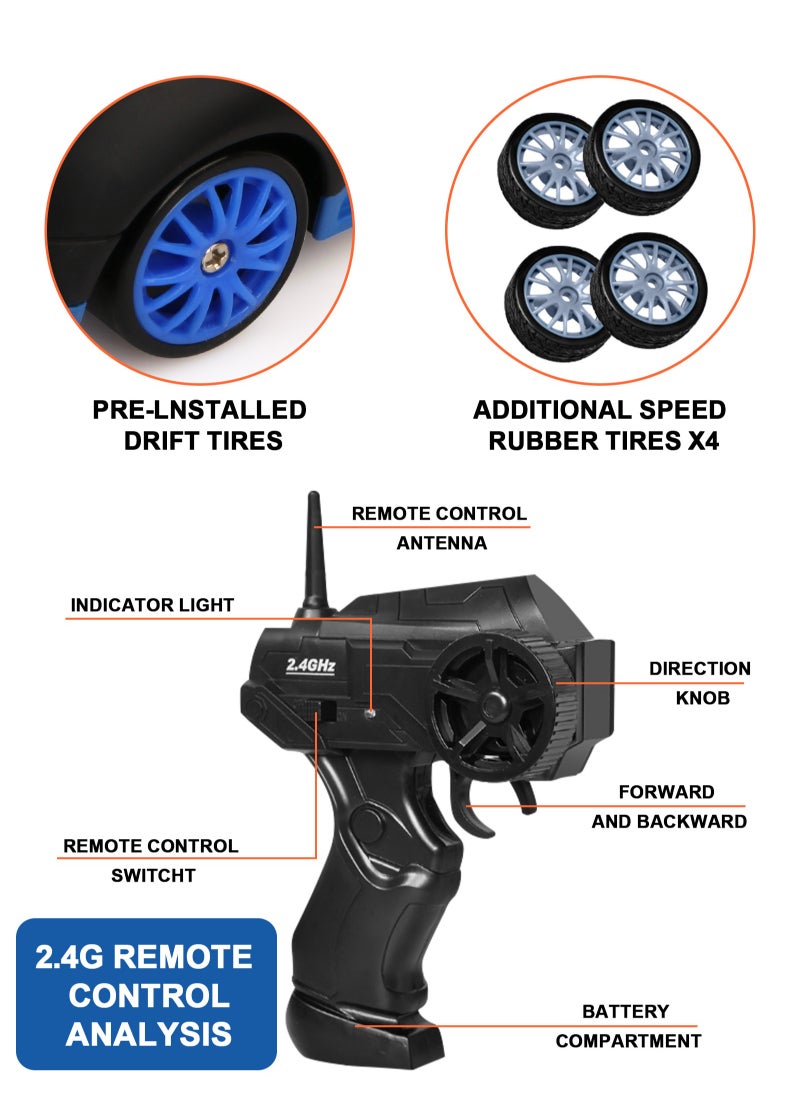 Bugatti Remote Control Car RC Drift Car 1/24 Scale 4WD RC Car With LED Lights 2.4ghz 18km/H Rechargeable High Speed Drift Racing Sport Toy Car For Adults Boys Girls Kids Gift 2pcs Batteries and Extra Tires  - Image 5