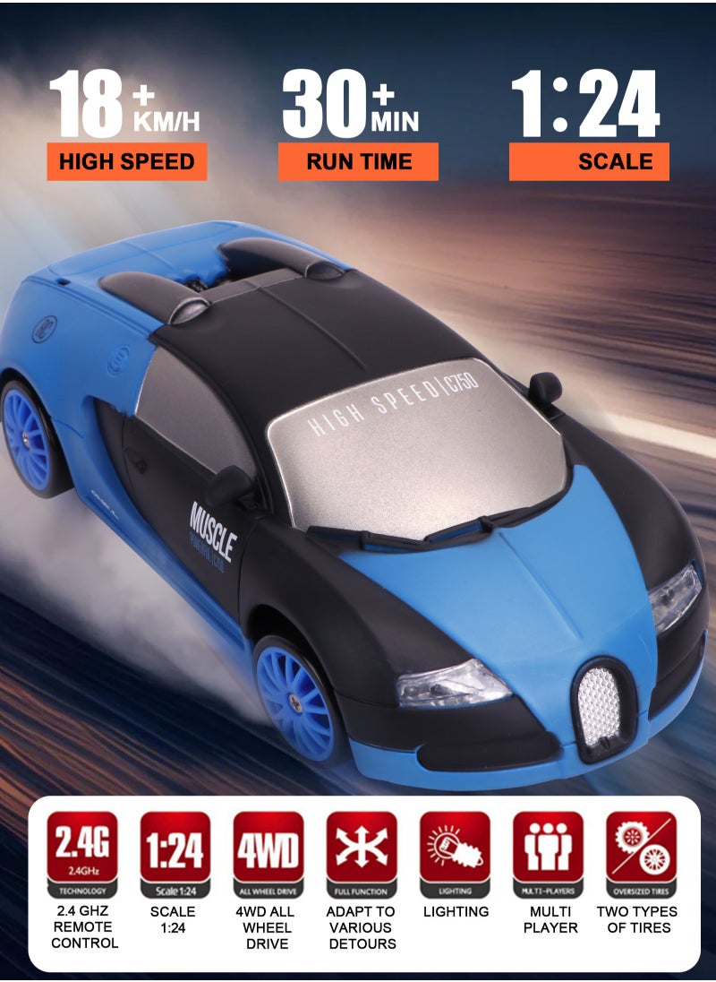 Bugatti Remote Control Car RC Drift Car 1/24 Scale 4WD RC Car With LED Lights 2.4ghz 18km/H Rechargeable High Speed Drift Racing Sport Toy Car For Adults Boys Girls Kids Gift 2pcs Batteries and Extra Tires  - Image 4