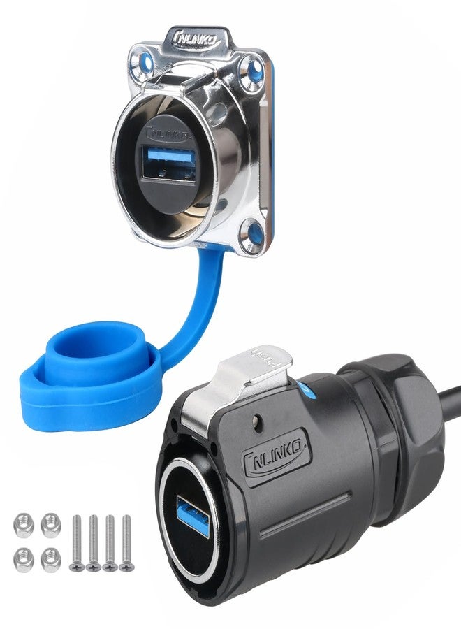 CNLINKO LP-24 USB3.0 Connector Set,Type A Female，Male Plug with 20 Inches Cable, Panel Mount Receptacles Socket IP68 Data Waterproof Connector M24 (USB Set) - Image 1
