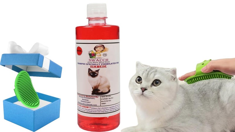Swacch Siamese Cat Shampoo -500ml (Jasmine) + Bath Brush with Adjustable Straps Combo Pack - Image 1
