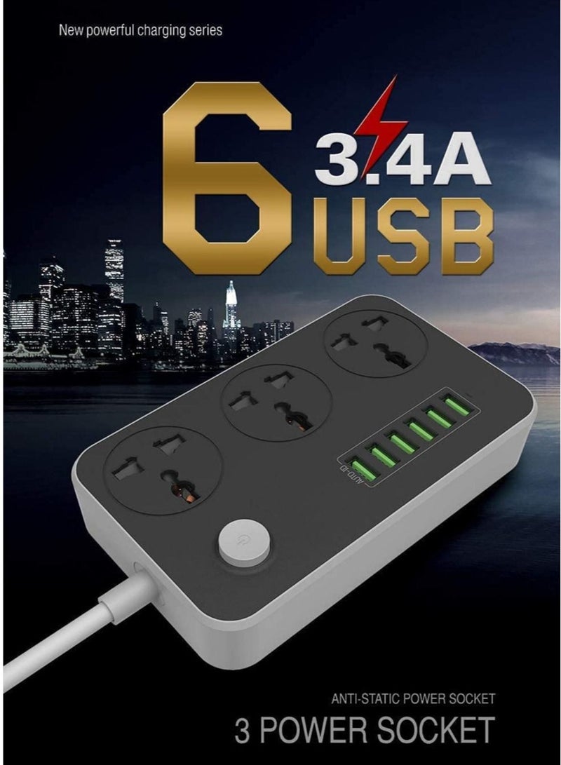 Universal Power Strips 3 Way Outlets 6 USB Plug Ports Surge Protection Power Socket Switch Portable Charger Fast Charging with 2M Wall Plug Adapter Extension Cord with Fuse and Shutter Extension Lead - Image 1