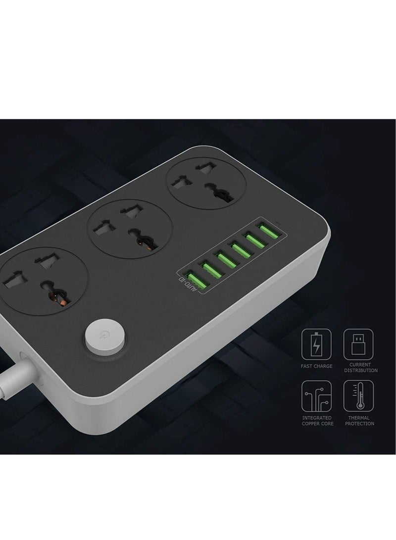 Universal Power Strips 3 Way Outlets 6 USB Plug Ports Surge Protection Power Socket Switch Portable Charger Fast Charging with 2M Wall Plug Adapter Extension Cord with Fuse and Shutter Extension Lead - Image 4