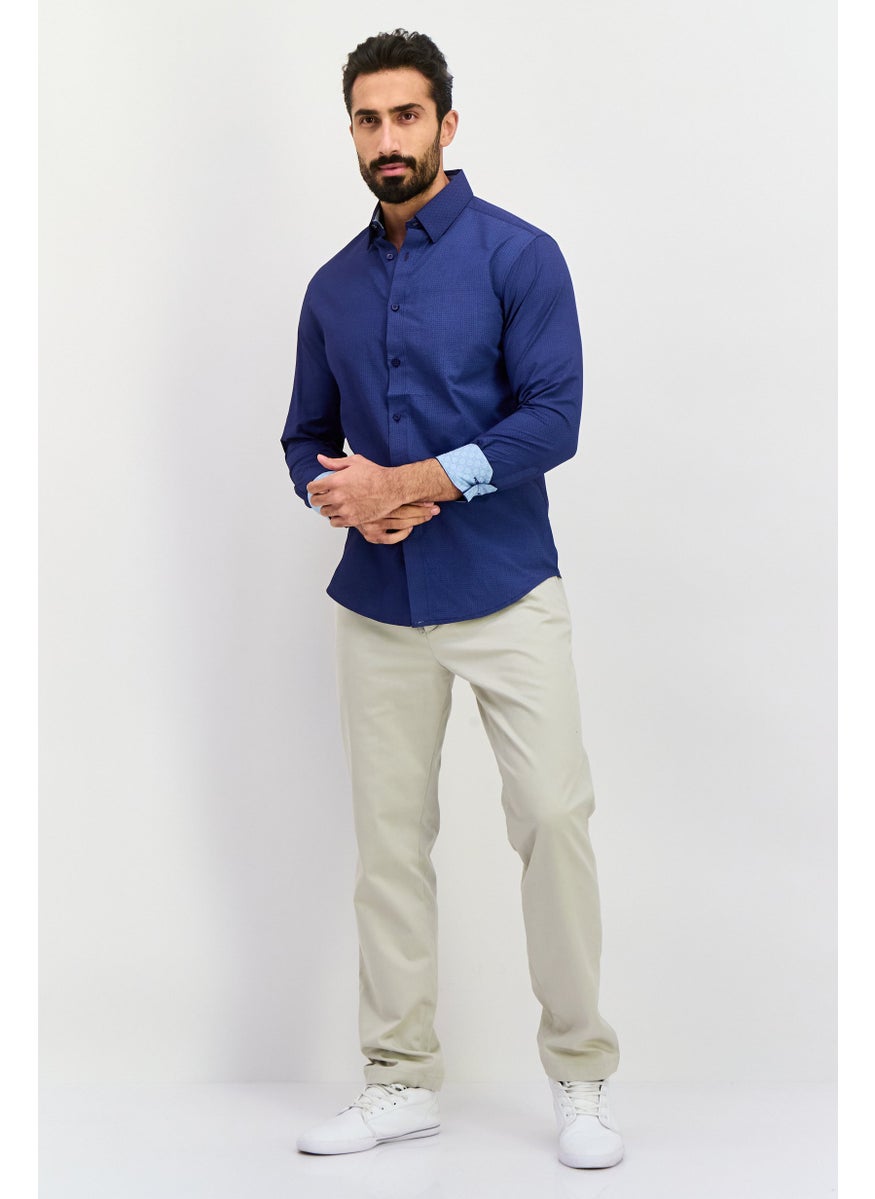 English Laundry Men Slim Fit Geometric Long Sleeves Dress Shirt, Dark Blue  - Image 3