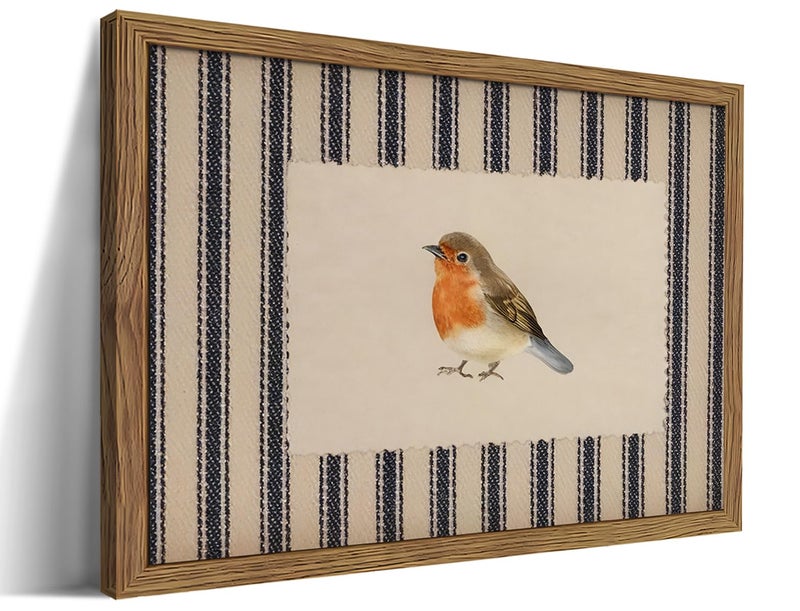 AKWISH Framed Robin Bird Wall Art, Striped Nature Watercolor Canvas Print, Country Farmhouse Wall Decor, Vintage Cottagecore Animal Picture Artwork for Living Room Bedroom Bathroom 12x16 inch - Image 1