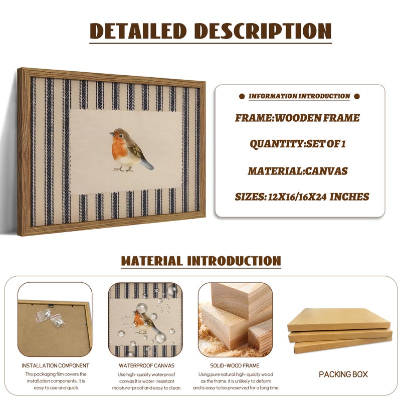 AKWISH Framed Robin Bird Wall Art, Striped Nature Watercolor Canvas Print, Country Farmhouse Wall Decor, Vintage Cottagecore Animal Picture Artwork for Living Room Bedroom Bathroom 12x16 inch - Image 5