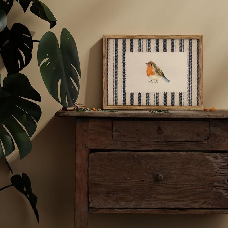 AKWISH Framed Robin Bird Wall Art, Striped Nature Watercolor Canvas Print, Country Farmhouse Wall Decor, Vintage Cottagecore Animal Picture Artwork for Living Room Bedroom Bathroom 12x16 inch - Image 2