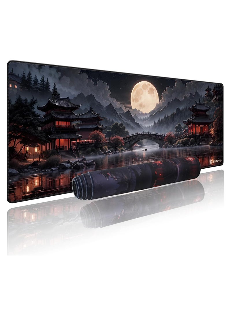 excovip Japanese Mouse Mat Riverside Full Moon Mouse Pad Large Gaming Mousepad XL Keyboard Pad 800x300mm Laptop Computer Mouse Keyboard Mat for Office Black Red 0424 - Image 1