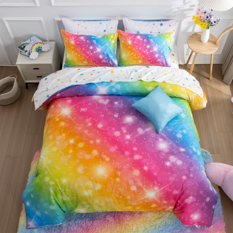 A Nice Night 6Pcs Gradient Glitter Bedding Set for Girls, Colorful Rainbow Galaxy Comforter Set, Ultra Soft Bedding Sets (Multi,Twin 6Pcs) - Image 1