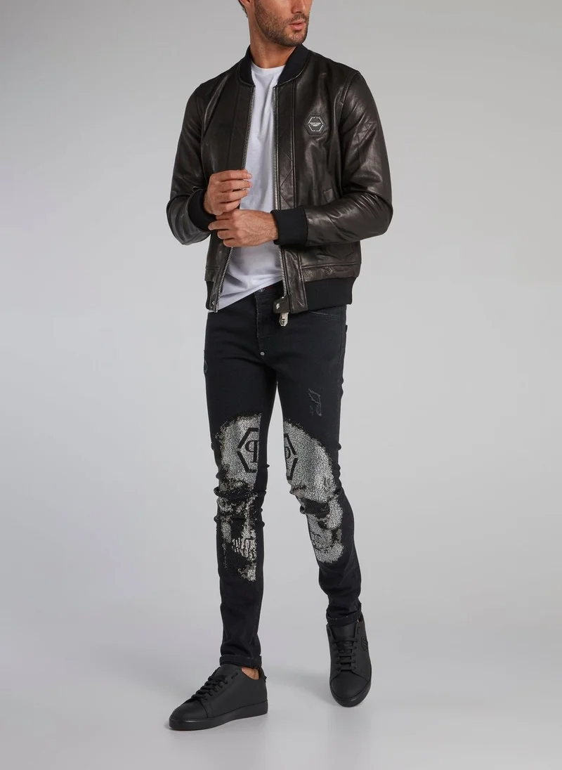 PHILIPP PLEIN Black Skull Leather Bomber Jacket