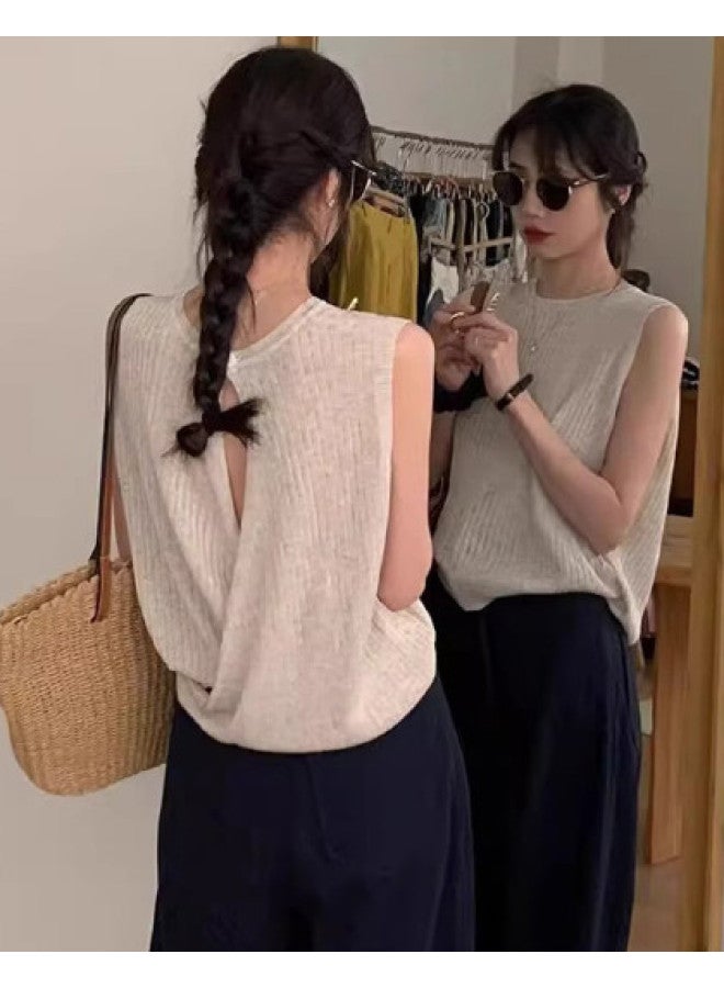 Modal Sleeveless Knitted Vest For Women Series, Outerwear With Hollow-Out Design, Cross-Back Open Back Style, Ice Silk Top With Design Appeal - Image 1