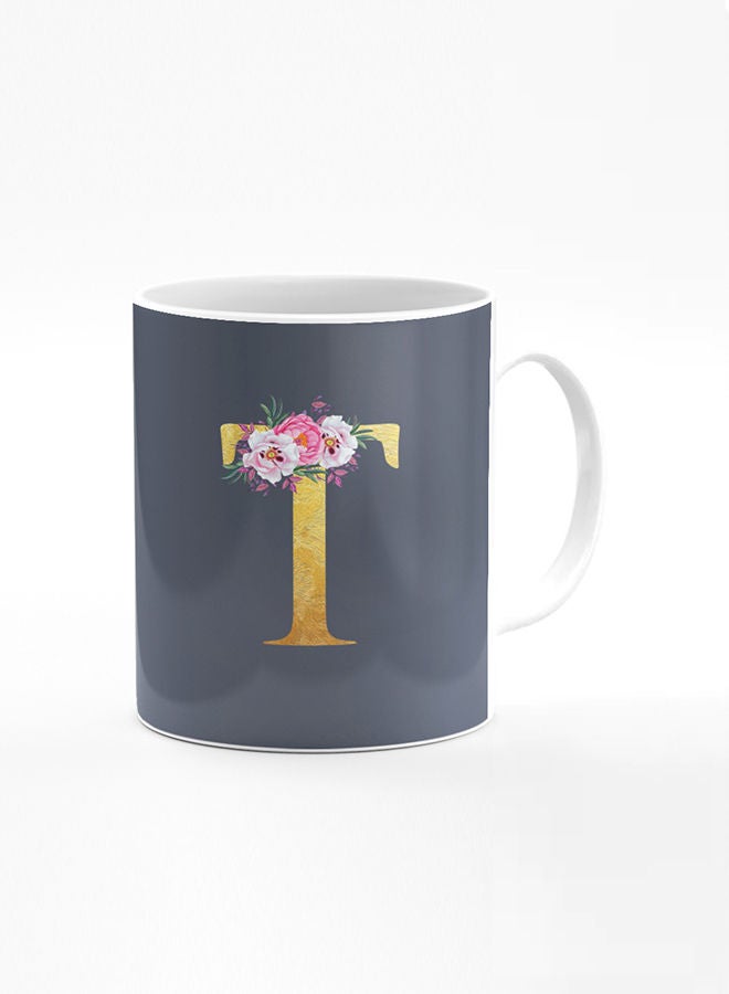 Stylizedd Stylizedd Designer Printed Coffee Mug 11oz Ceramic Personalised Gift Mugs Cup -Custom Monogram Initial Letter Floral Pattern Alphabet - T ( Bright Grey ) - Image 1