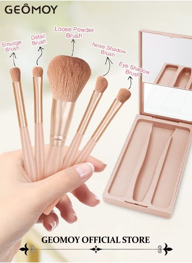 Geomoy Travel Size 5pcs Makeup Brushes Set Easy-Taken Mini Makeup Brush Set with Case & Mirror Small Complete Function Cosmetic Brushes Kit With 6pcs Triangle Powder Puff - Image 5
