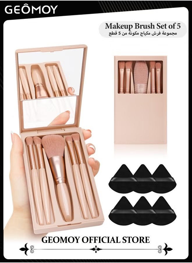 Geomoy Travel Size 5pcs Makeup Brushes Set Easy-Taken Mini Makeup Brush Set with Case & Mirror Small Complete Function Cosmetic Brushes Kit With 6pcs Triangle Powder Puff - Image 1