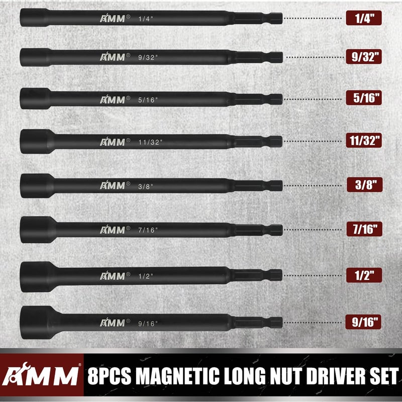 AMM 8PCS SAE Magnetic Nut Driver Set for impact drill, Long Nut Drivers 6 INCH (1/4" - 9/16"), 1/4â€ Hex Shank Nut Driver Bitï¼Œ Cr-V Steel - Image 2