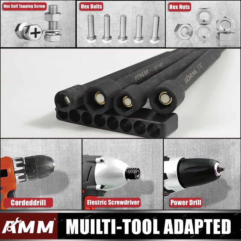 AMM 8PCS SAE Magnetic Nut Driver Set for impact drill, Long Nut Drivers 6 INCH (1/4" - 9/16"), 1/4â€ Hex Shank Nut Driver Bitï¼Œ Cr-V Steel - Image 5