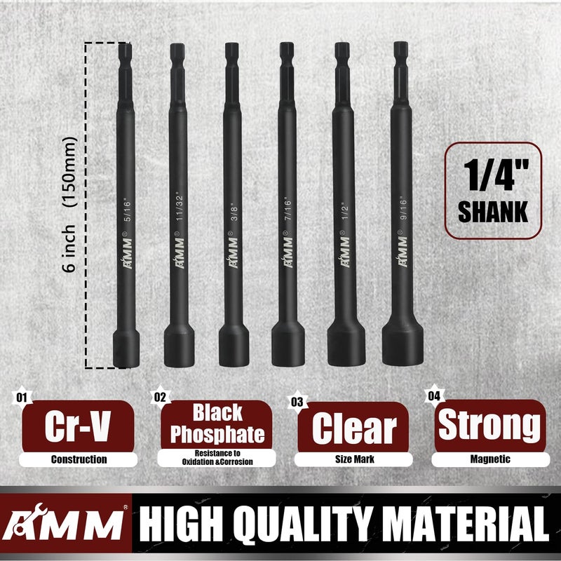AMM 8PCS SAE Magnetic Nut Driver Set for impact drill, Long Nut Drivers 6 INCH (1/4" - 9/16"), 1/4â€ Hex Shank Nut Driver Bitï¼Œ Cr-V Steel - Image 3
