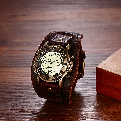 Avaner Vintage Leather Watches, Retro Punk Cuff Watch, Wide Band Quartz Watches for Men and Women - Image 2