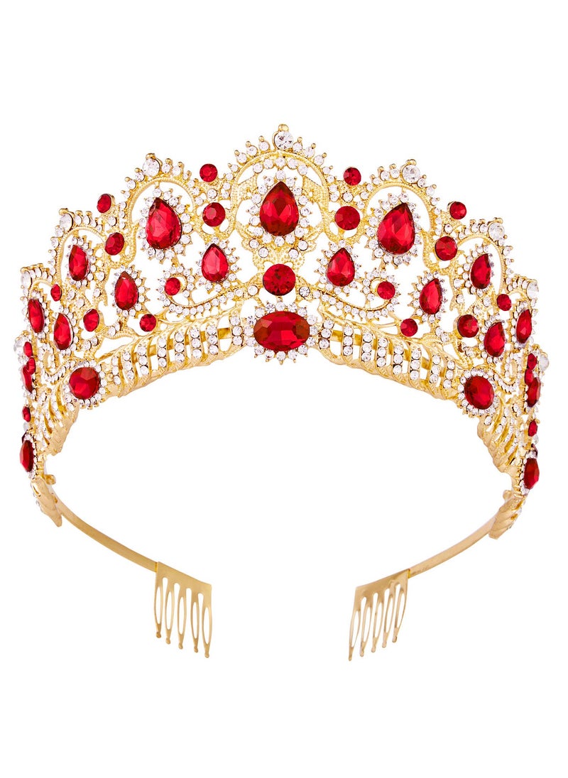 Vofler - Queen of Hearts Costume Crown Vofler Gold Red Evil Queen Tiara Ruby Crystal Accessories Christmas Headband for Adult Women Princess Bride Quinceanera Birthday Wedding Pageant Prom Halloween Party - Image 1