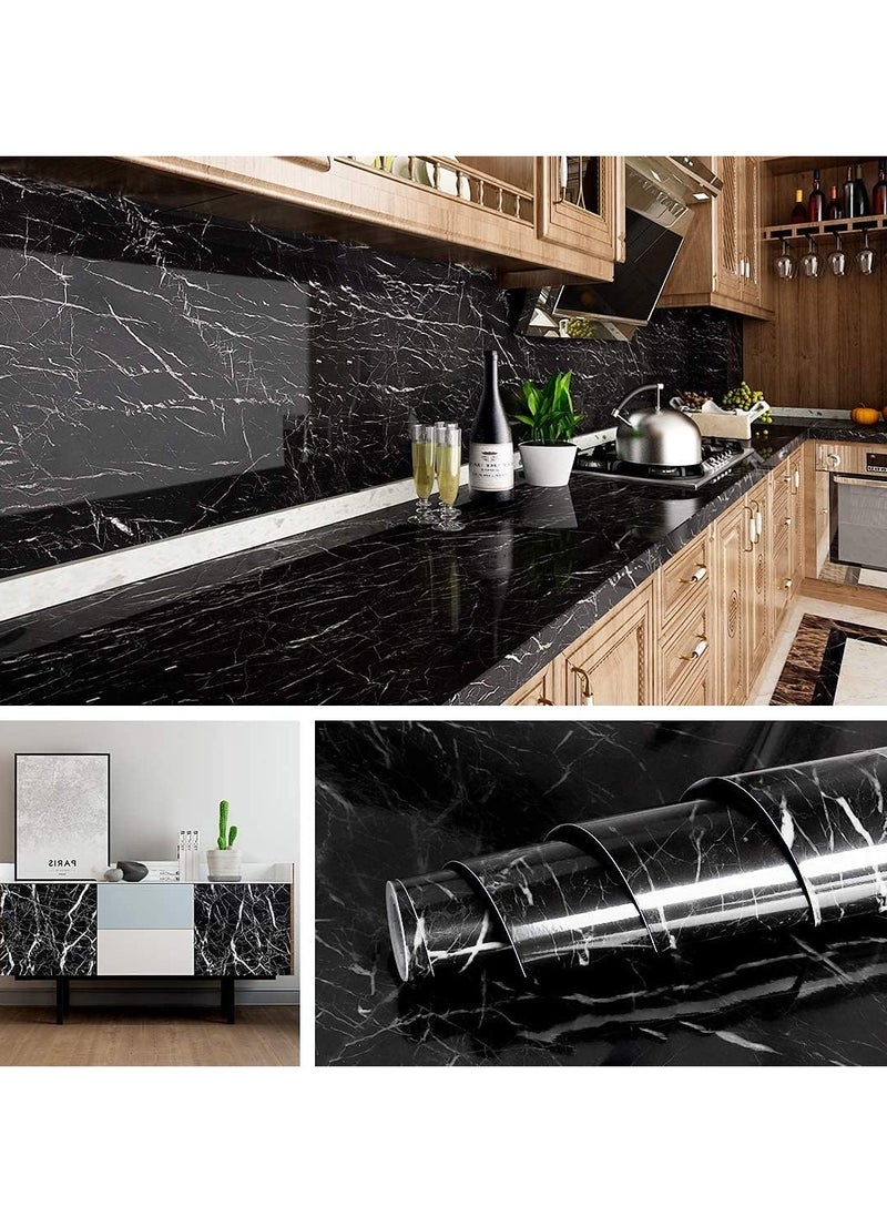 GUDOO Marble Paper Self Adhesive Wallpaper Waterproof Gloss PVC Vinyl Oil Proof Granite Paper Black Marble Vinyl Paper for Furniture Cover Surface Countertop Kitchen Shelf Liner 40cm x 500cm  - Image 1