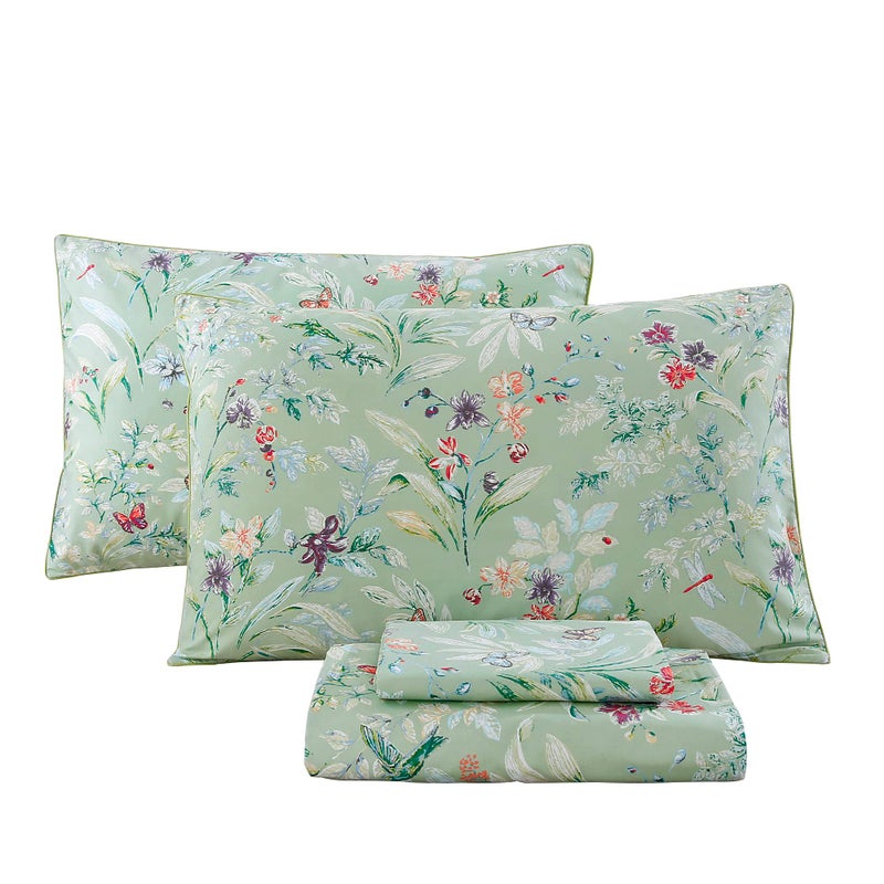 URBONUR Garden Floral Sheets Set Sage Green 4Pcs Full Size, Egyptian Cotton Silky Cooling Bed Sheets Set, Wrinkle Resistant Deep Pocket 16 Inches (Full, Green Leaves Butterfly & Floral) - Image 1