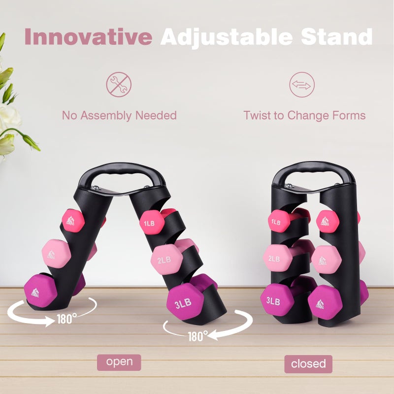 LIONSCOOL 1LB 2LB 3LB Pair Neoprene Coated Dumbbell Set with Sturdy and Portable Rack, All Purpose Premium Hex Dumbbell Set (Rosy Vigor) - Image 3