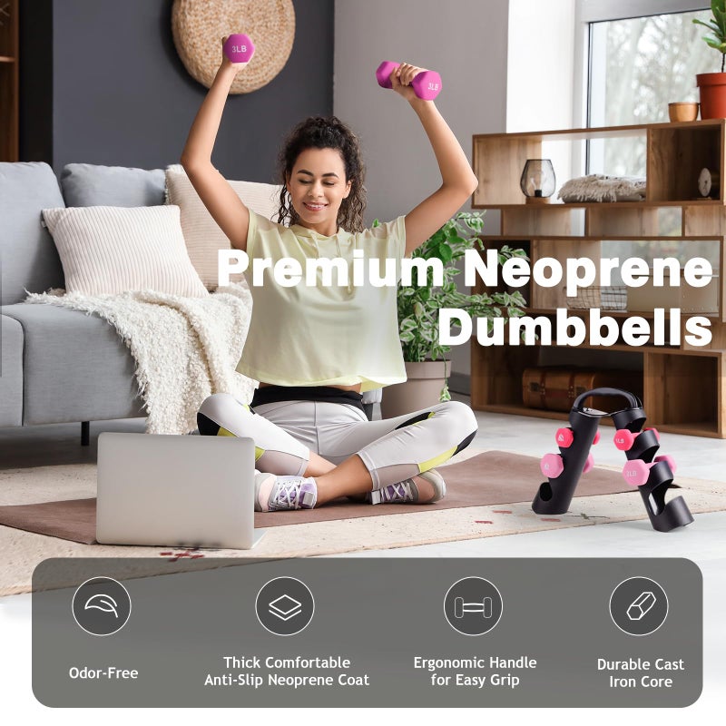 LIONSCOOL 1LB 2LB 3LB Pair Neoprene Coated Dumbbell Set with Sturdy and Portable Rack, All Purpose Premium Hex Dumbbell Set (Rosy Vigor) - Image 4