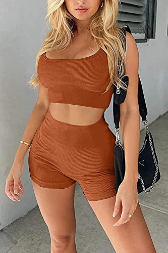YESDOO Women's Workout Outfits Ribbed Tank 2 Piece Seamless High Waist Gym Outfit Yoga Shorts Leggings Sets - Image 2