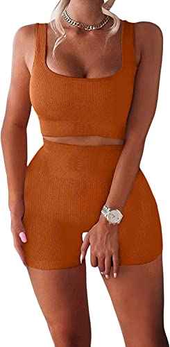 YESDOO Women's Workout Outfits Ribbed Tank 2 Piece Seamless High Waist Gym Outfit Yoga Shorts Leggings Sets - Image 1