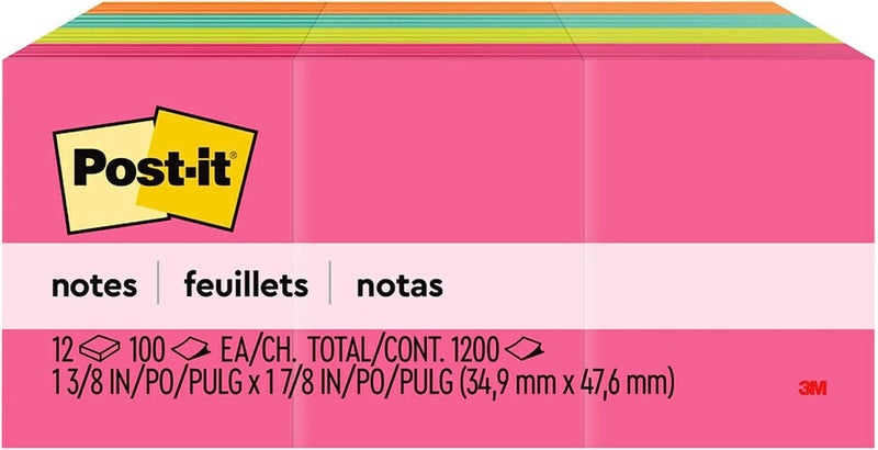 3M Post-it Notes Neon Colors 653AN, 1.5 x 2 in, 12 Pads/Pack - Assorted Colors for Note Taking and Reminders - Image 3