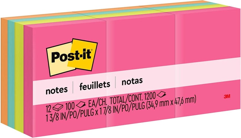 3M Post-it Notes Neon Colors 653AN, 1.5 x 2 in, 12 Pads/Pack - Assorted Colors for Note Taking and Reminders - Image 1