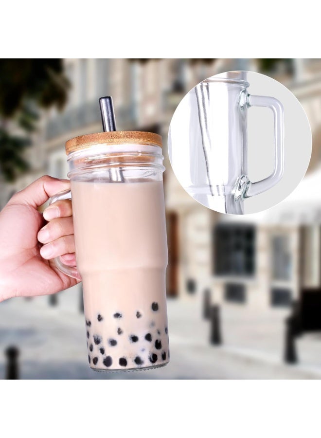 MostNow أكواب زجاجية MostNow مع أغطية وقشات، مجموعة من 2 قطعة، أكواب زجاجية على شكل علب 24 أونصة، أكواب قهوة مثلجة بمقبض، مجموعة أكواب شرب مع أغطية خشبية للقهوة المثلجة، العصائر، اللؤلؤ الكبير، العصير (4 قطع) - Image 5