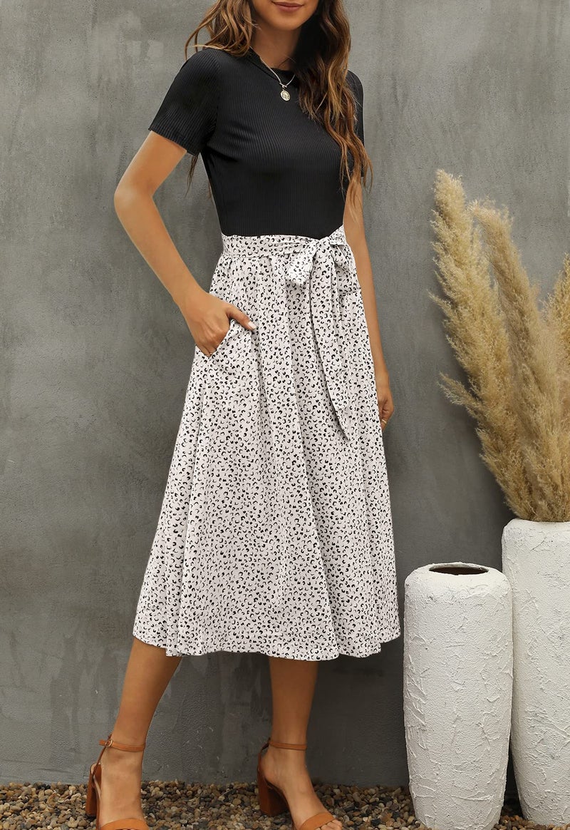 Zattcas Women 2025 Summer Dress Short Sleeve Ribbed Teacher Church Modest Casual Business Work Outfits Midi Dresses with Pockets Black M - Image 2