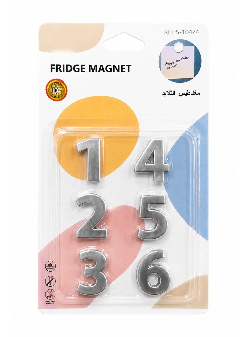 طقم 6 قطع مغناطيس أرقام للثلاجة من 1 إلى 6 بغطاء ألمنيوم لامع، أرقام مغناطيسية للثلاجة والسبورة والخزانة والصور والملاحظات - Image 1