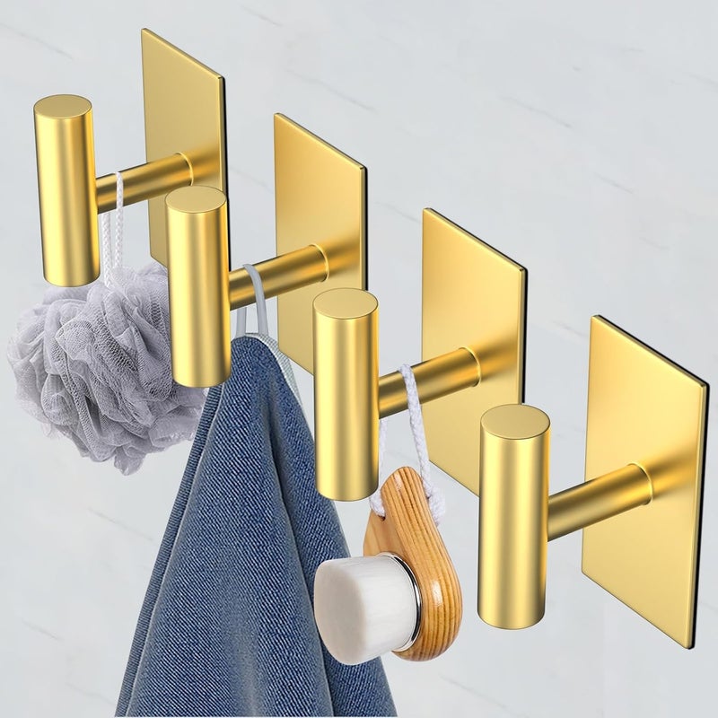 Luckam Adhesive Hooks, 4 Pcs Heavy Duty Wall Stainless Steel Door Hooks for Hanging Coat, Hat, Towel, Robe, Key, Clothes, Closet Hook Wall Mount for Home, Kitchen, Bathroom, Office(Gold) - Image 3