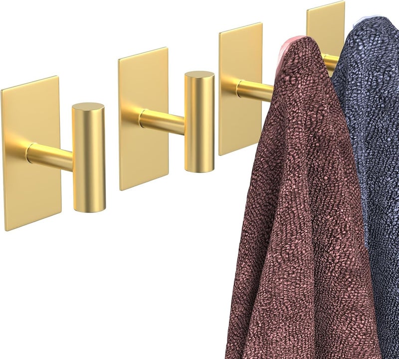 Luckam Adhesive Hooks, 4 Pcs Heavy Duty Wall Stainless Steel Door Hooks for Hanging Coat, Hat, Towel, Robe, Key, Clothes, Closet Hook Wall Mount for Home, Kitchen, Bathroom, Office(Gold) - Image 1