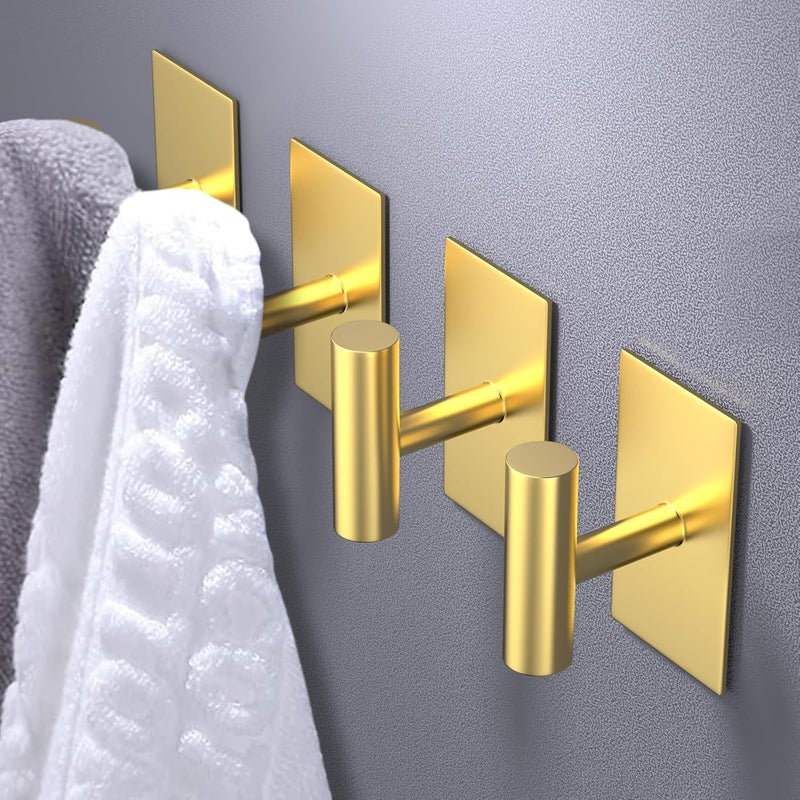 Luckam Adhesive Hooks, 4 Pcs Heavy Duty Wall Stainless Steel Door Hooks for Hanging Coat, Hat, Towel, Robe, Key, Clothes, Closet Hook Wall Mount for Home, Kitchen, Bathroom, Office(Gold) - Image 2