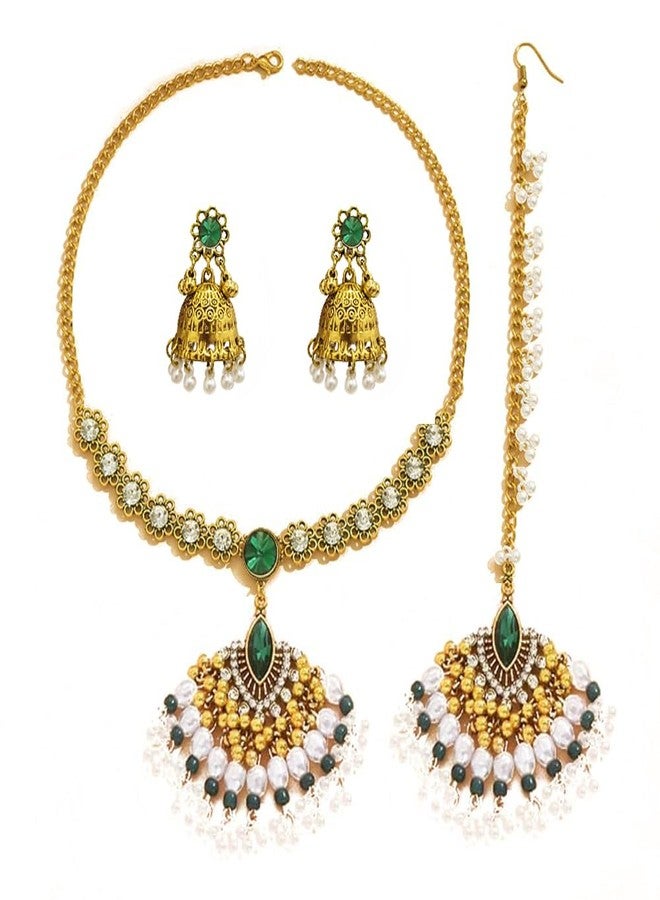 OIDIMS طقم مجوهرات هندية للنساء، مستوحى من بوليوود، بتصميم عتيق مرصع بأحجار الراين، مع شرابات، مناسب لحفلات الزفاف، يتضمن قلادة تشوكر، وأقراط، وتاج مانغ للعروس، وإكسسوارات أنيقة لحفلات الرقص والمناسبات الخاصة، وإكسسوارات للبنات، بتصميم بوهيمي. - Image 1