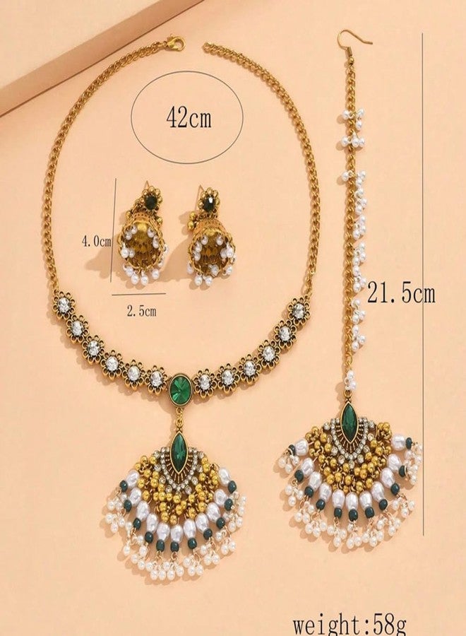 OIDIMS طقم مجوهرات هندية للنساء، مستوحى من بوليوود، بتصميم عتيق مرصع بأحجار الراين، مع شرابات، مناسب لحفلات الزفاف، يتضمن قلادة تشوكر، وأقراط، وتاج مانغ للعروس، وإكسسوارات أنيقة لحفلات الرقص والمناسبات الخاصة، وإكسسوارات للبنات، بتصميم بوهيمي. - Image 4